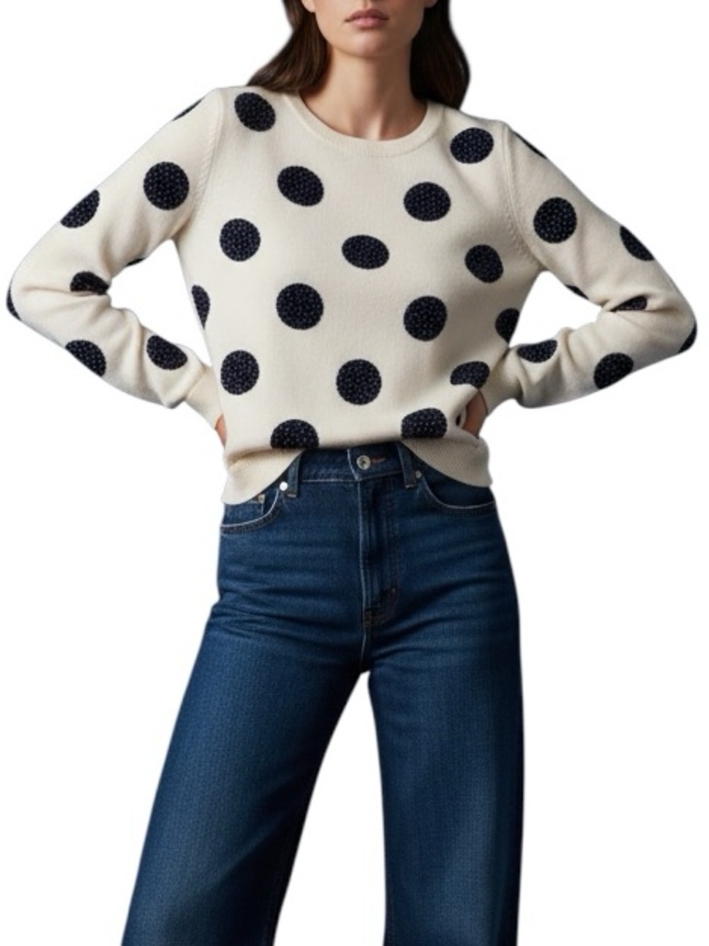 Alice + Olivia Polka Dot Wool Sweater Navy Cream Rhinestone Fall Layering Print